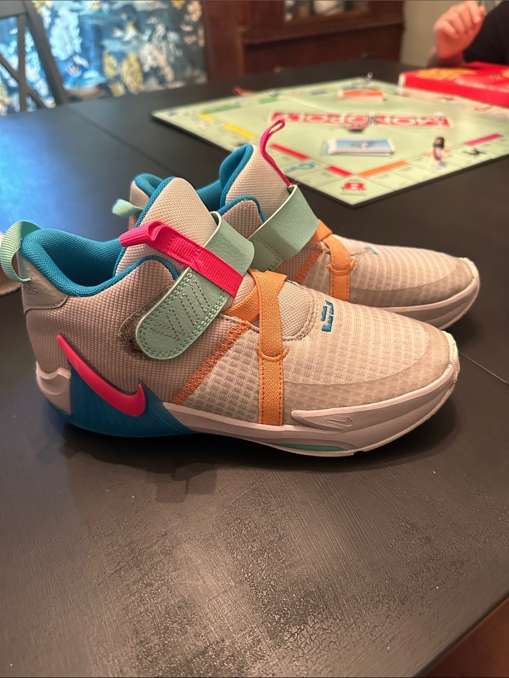 Nike Kids Lebron witness 7 gray fog Sneakers with Teal, Pink & Orange Accents